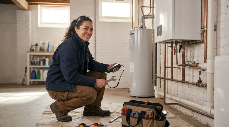 Licensed technician inspecting residential gas piping shutoff valve and pressure regulator in Morningside Heights Manhattan